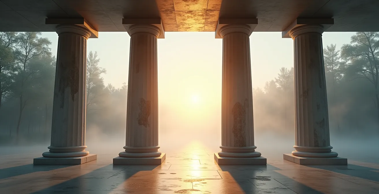 Vier miteinander verbundene Säulen symbolisieren Gesundheit, Finanzen, Soziales und Sinn