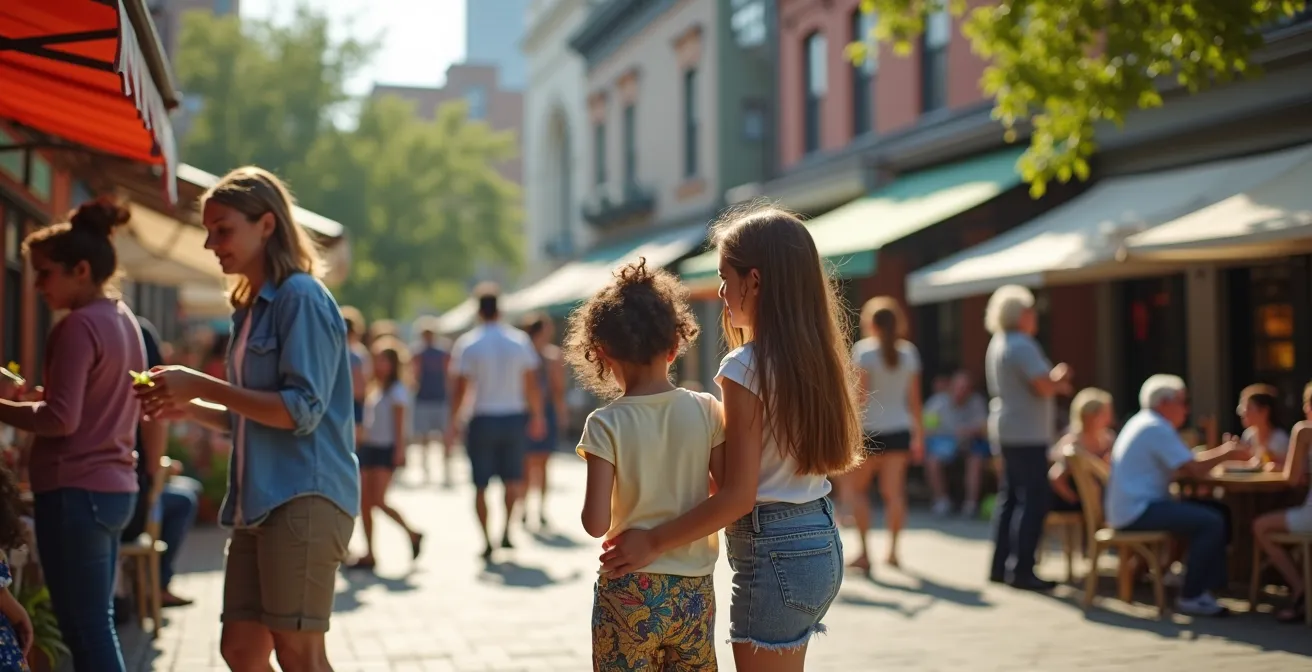 Lebendiger Marktplatz mit Café, Bibliothek und spielenden Kindern, der die Bedeutung von 'Dritten Orten' illustriert.