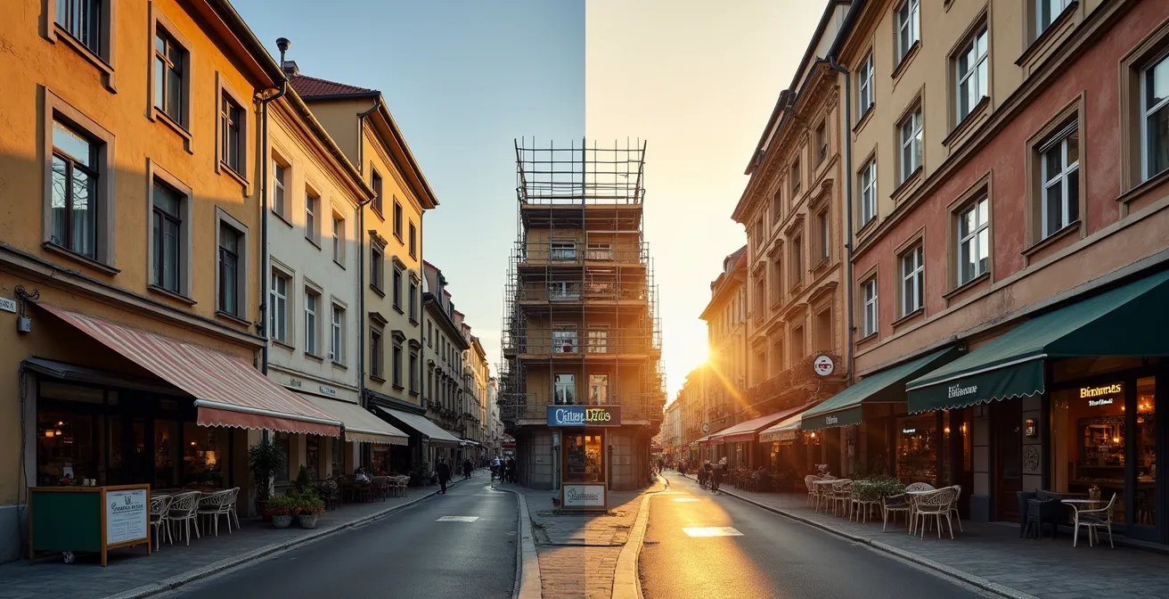 Straßenzug im Wandel, der den Übergang von alten Geschäften zu modernen Cafés und renovierten Altbauten zeigt.