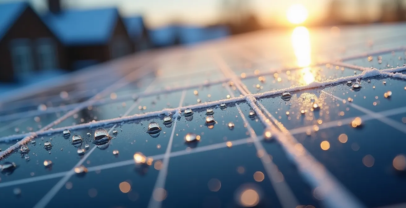 Großflächige Solaranlage optimiert für Winterertrag mit Schnee im Hintergrund