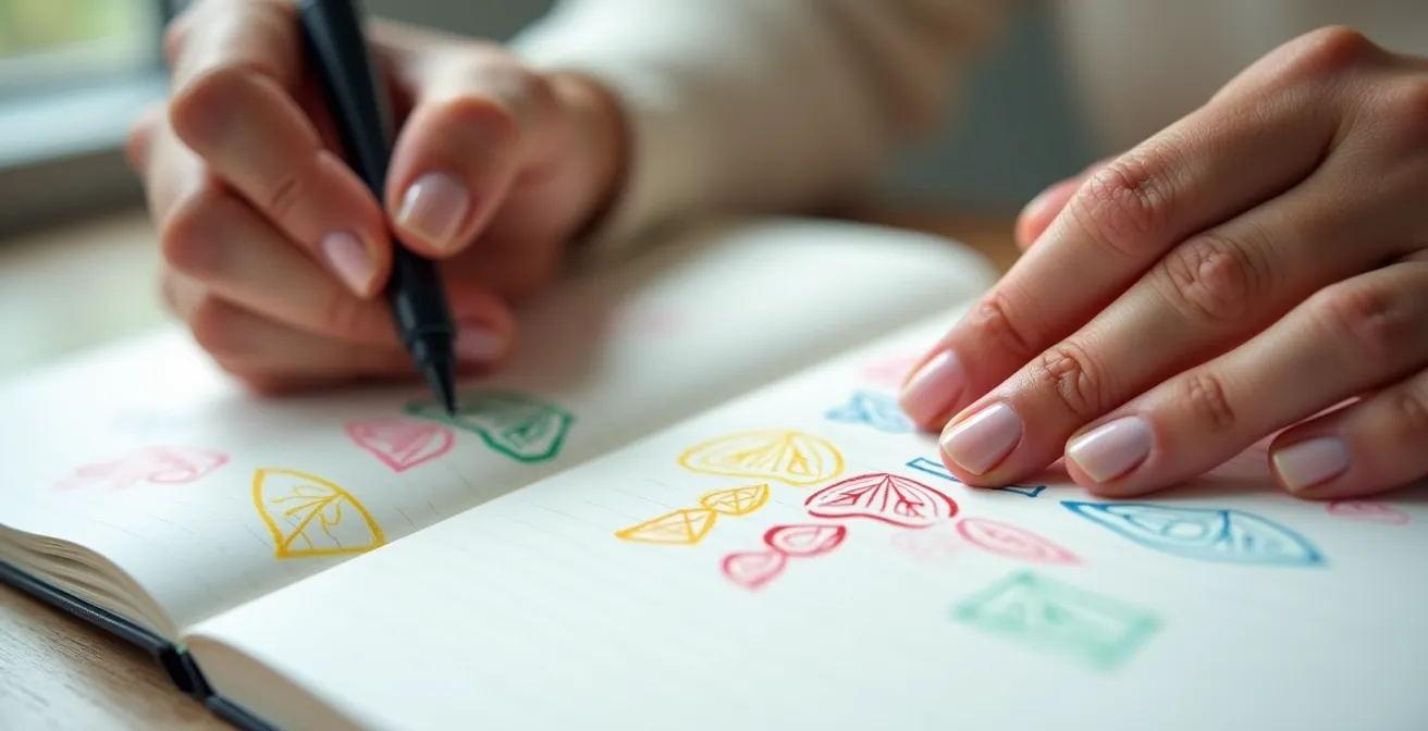 Nahaufnahme von Händen, die ein persönliches Wohlbefindens-Tagebuch mit farbcodierten Markierungen führen