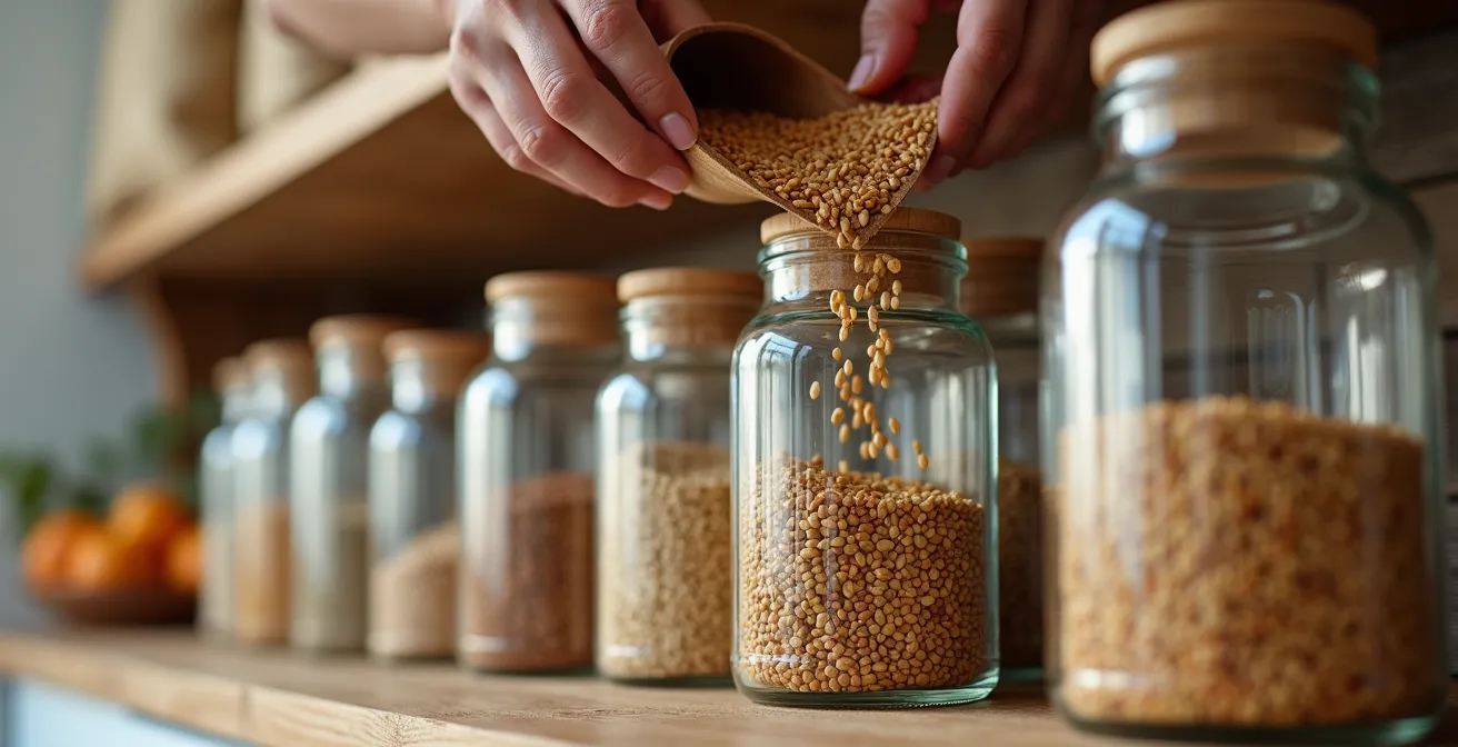 Organisierte Zero-Waste-Küche mit Glasbehältern und wiederverwendbaren Materialien