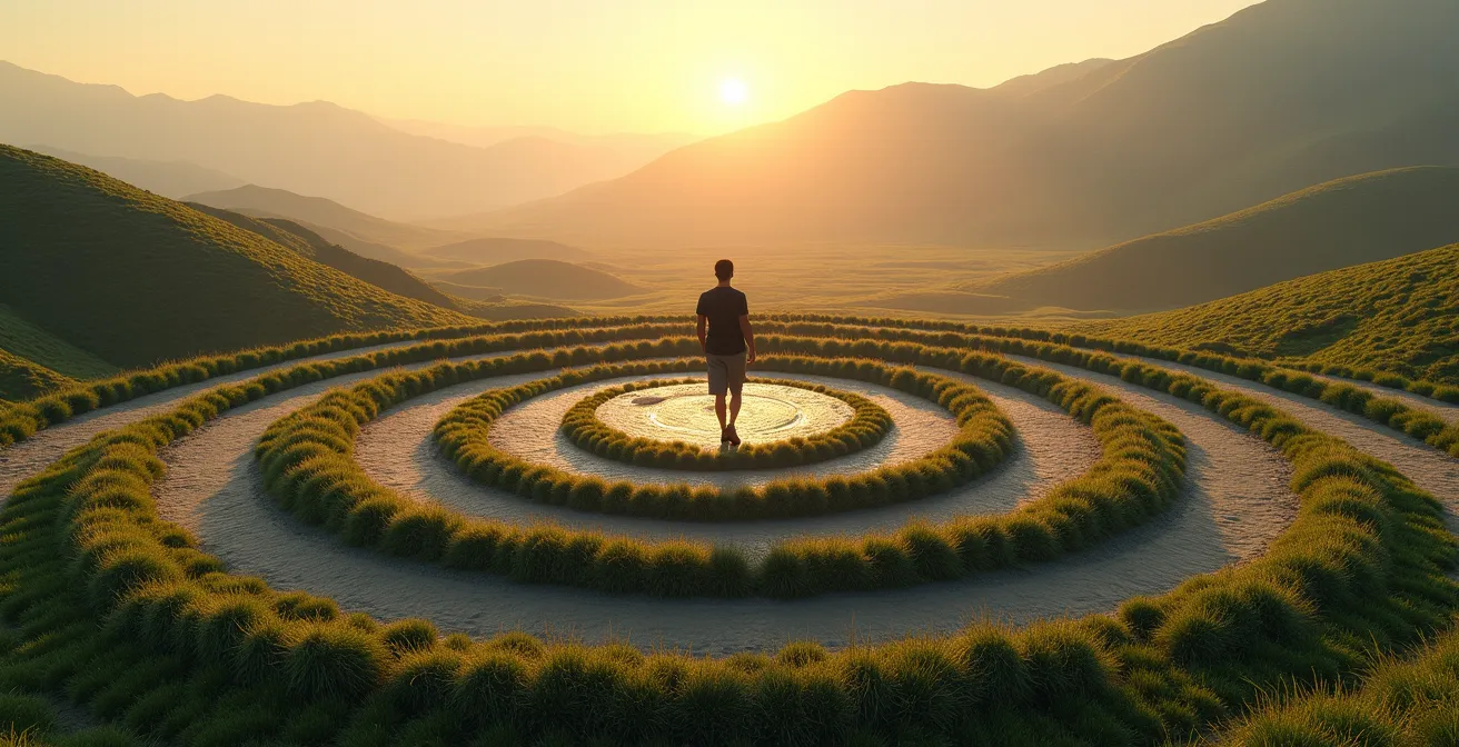 Minimalistische Darstellung konzentrischer Kreise kultureller Nähe in weiter Landschaft