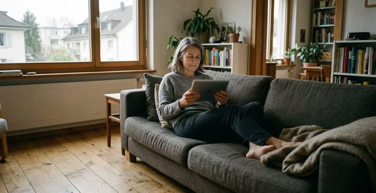 Eine Person mittleren Alters sitzt entspannt auf einem beigen Sofa in einer hellen Schweizer Wohnung und hält ein Tablet in den Händen, der Bildschirm ist unscharf