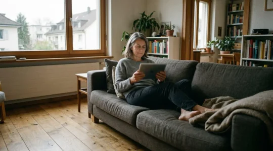 Eine Person mittleren Alters sitzt entspannt auf einem beigen Sofa in einer hellen Schweizer Wohnung und hält ein Tablet in den Händen, der Bildschirm ist unscharf