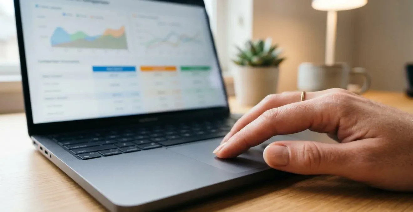 Extreme Nahaufnahme einer Hand auf einem modernen Laptop-Trackpad mit unscharfem Bildschirm im Hintergrund, der eine Vergleichsoberfläche zeigt