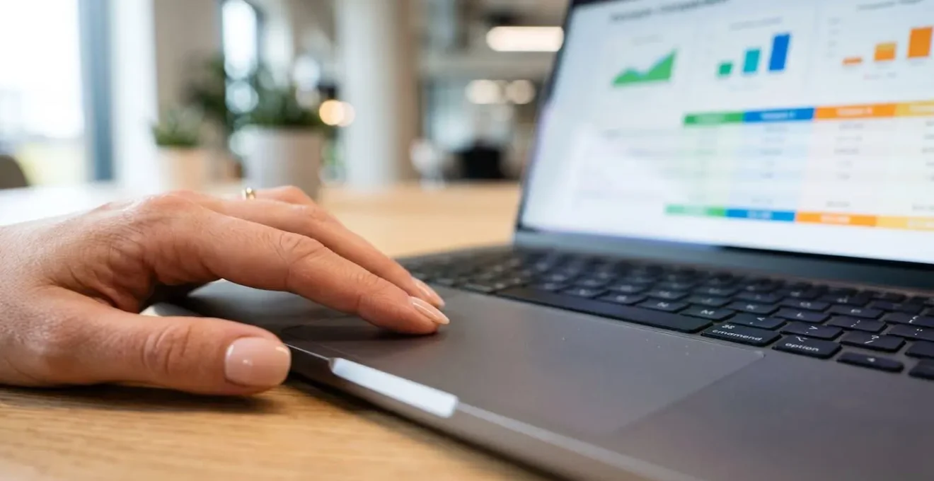 Extreme Nahaufnahme einer Hand auf einem modernen Laptop-Trackpad mit unscharfem Bildschirm im Hintergrund, der eine Vergleichsoberfläche zeigt