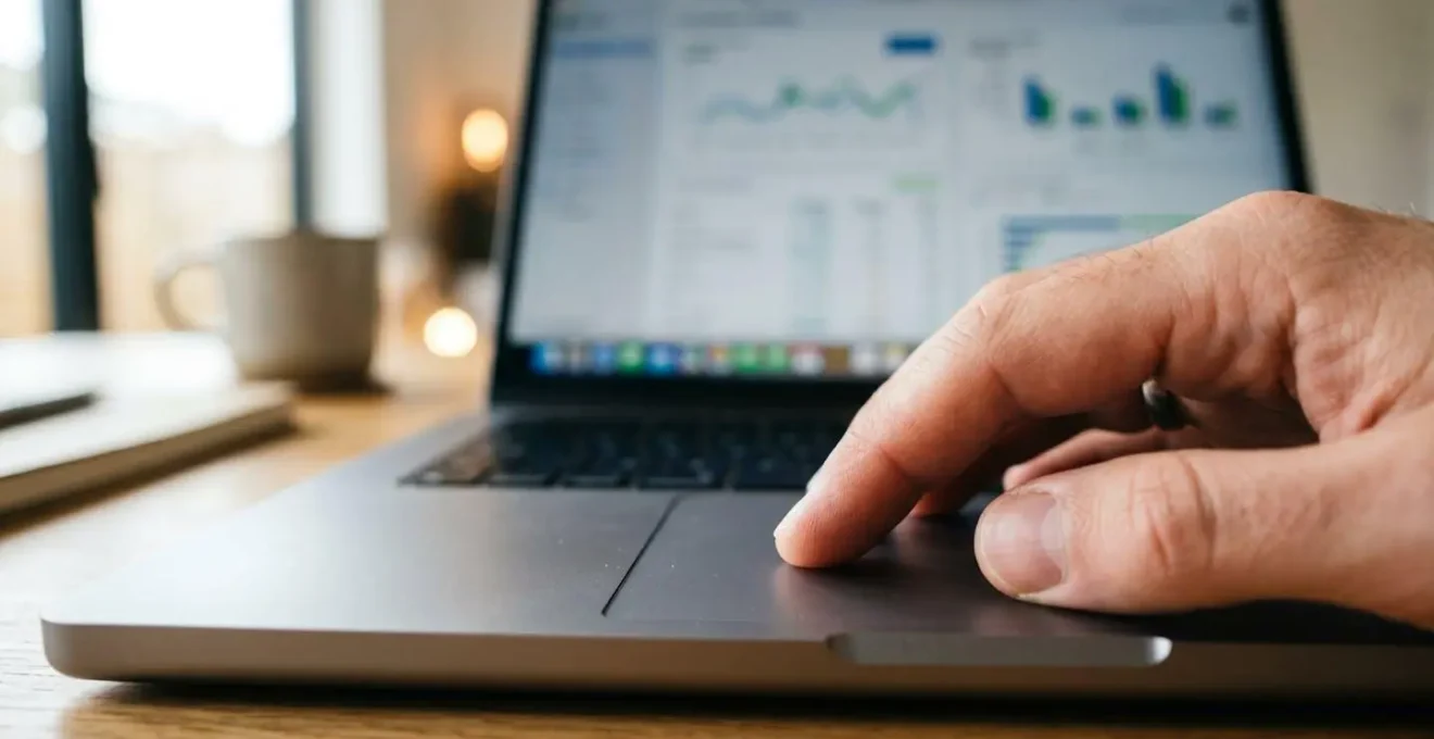 Extreme Nahaufnahme einer Hand auf einem modernen Laptop-Trackpad mit unscharfem Bildschirm im Hintergrund, der eine Vergleichsoberfläche zeigt