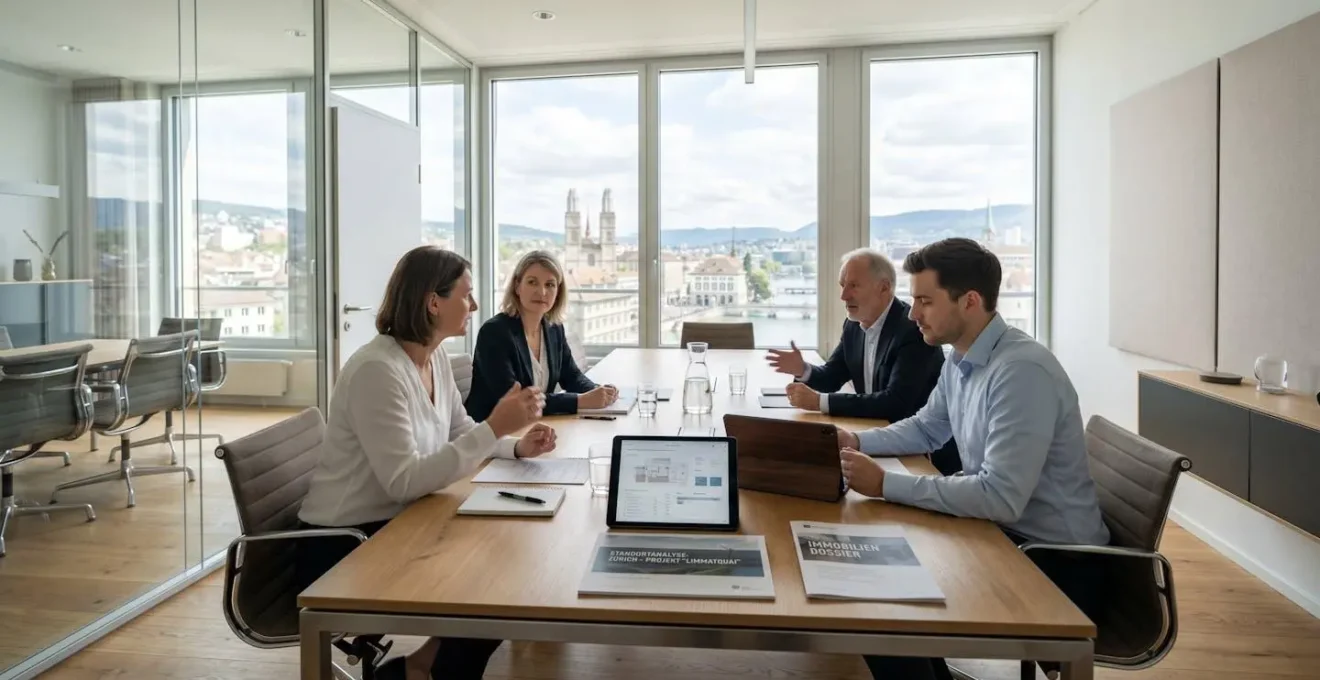 Ein helles, zeitgenössisches Büro in Zürich mit Blick auf die Stadt, einem aufgeräumten Konferenztisch und einer Tablette neben Immobiliendokumenten