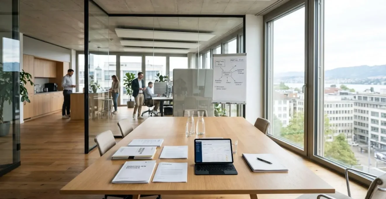 Ein helles, zeitgenössisches Büro in Zürich mit Blick auf die Stadt, einem aufgeräumten Konferenztisch und einer Tablette neben Immobiliendokumenten