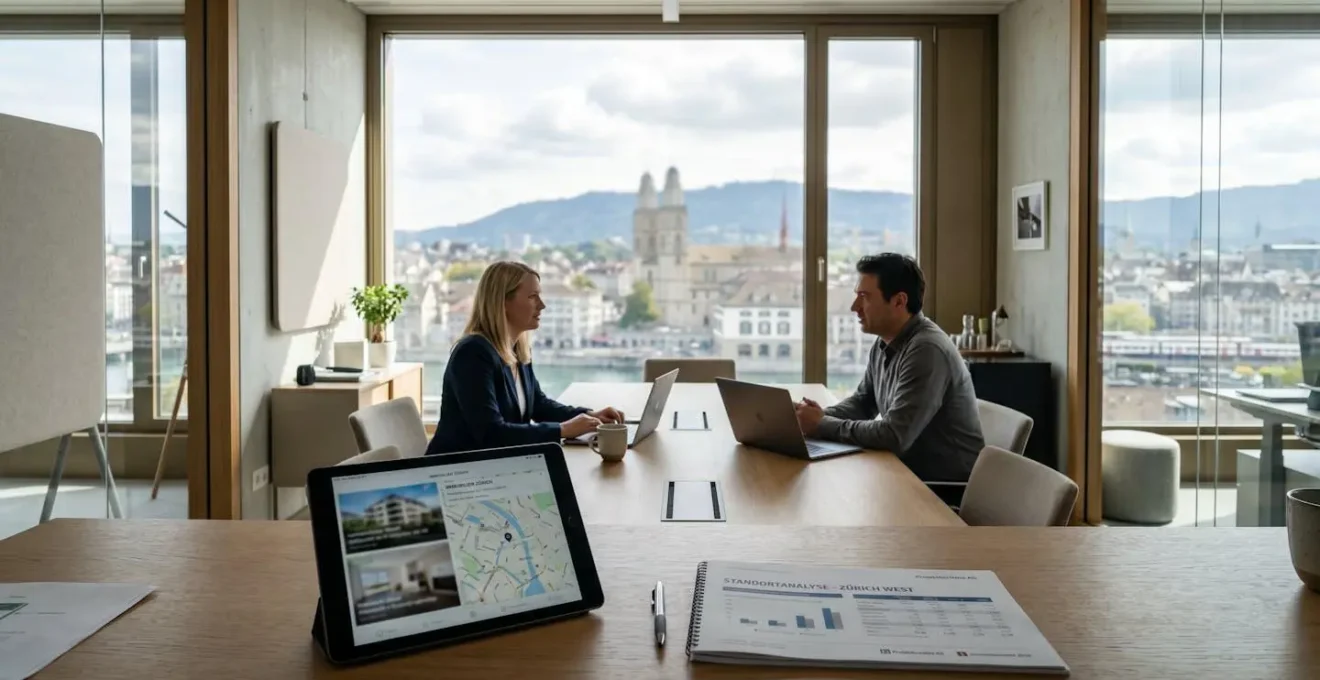 Ein helles, zeitgenössisches Büro in Zürich mit Blick auf die Stadt, einem aufgeräumten Konferenztisch und einer Tablette neben Immobiliendokumenten