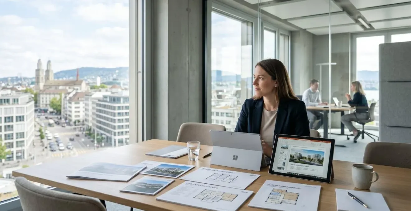 Ein helles, zeitgenössisches Büro in Zürich mit Blick auf die Stadt, einem aufgeräumten Konferenztisch und einer Tablette neben Immobiliendokumenten