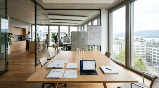 Ein helles, zeitgenössisches Büro in Zürich mit Blick auf die Stadt, einem aufgeräumten Konferenztisch und einer Tablette neben Immobiliendokumenten