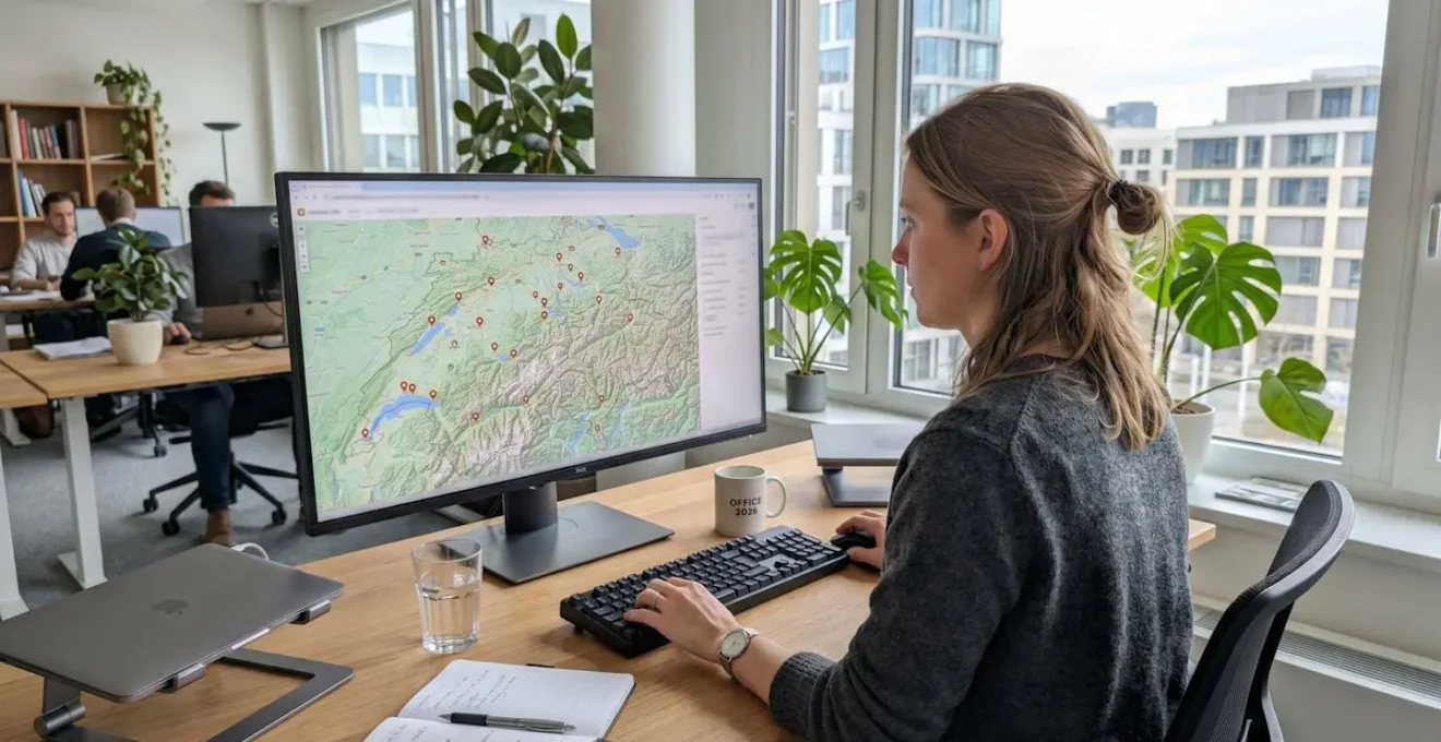 Ein moderner Fachmann von hinten oder im Dreiviertelprofil arbeitet an einem grossen Monitor, der eine Schweizer Karte mit Standortmarkierungen zeigt, in einem hellen zeitgenössischen Büro