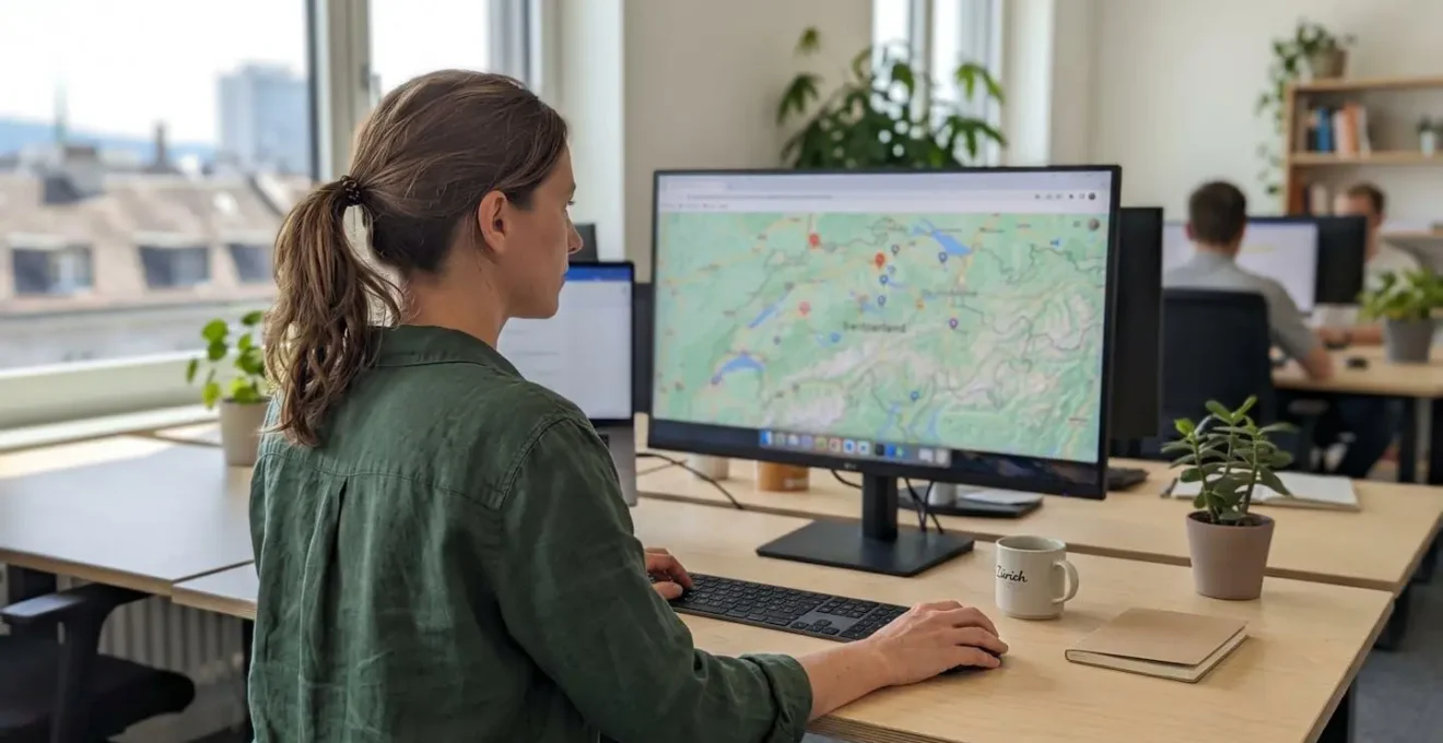 Ein moderner Fachmann von hinten oder im Dreiviertelprofil arbeitet an einem grossen Monitor, der eine Schweizer Karte mit Standortmarkierungen zeigt, in einem hellen zeitgenössischen Büro