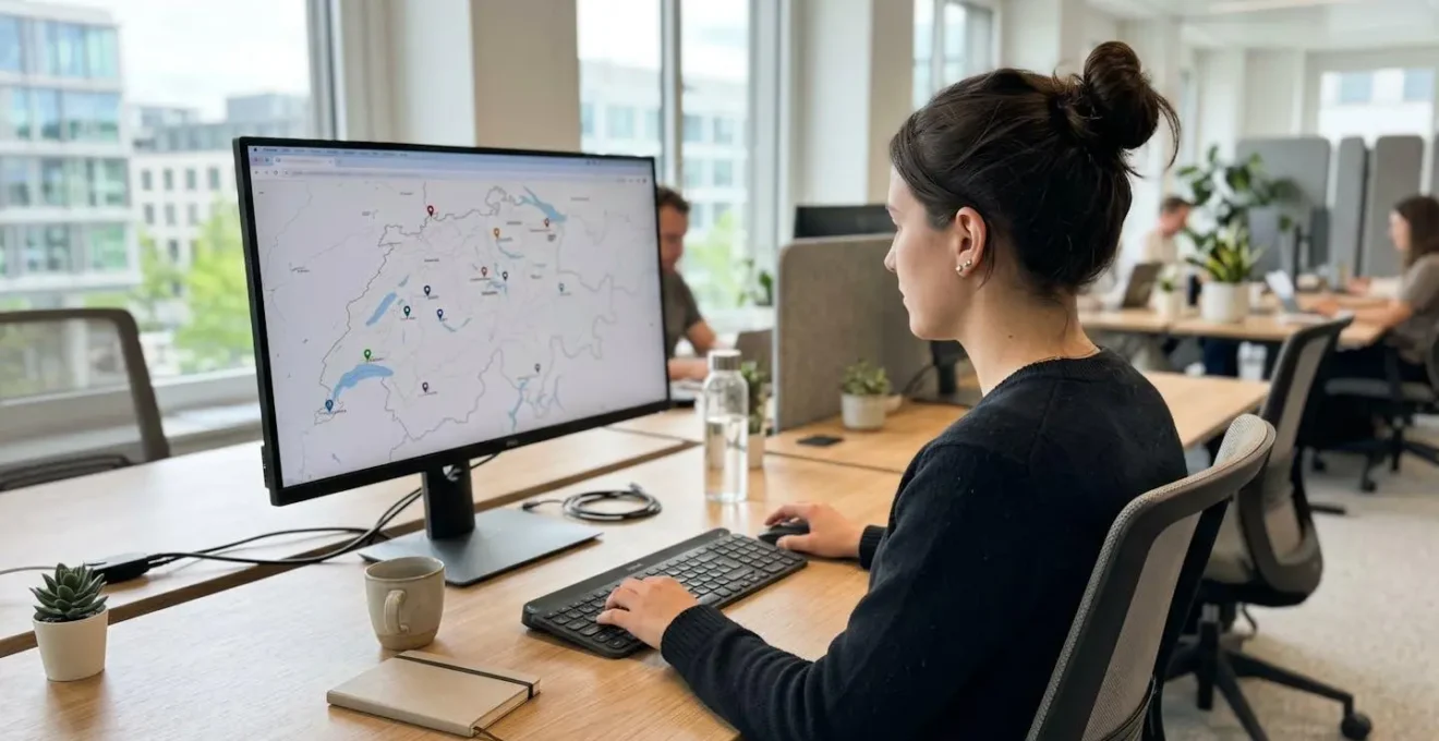 Ein moderner Fachmann von hinten oder im Dreiviertelprofil arbeitet an einem grossen Monitor, der eine Schweizer Karte mit Standortmarkierungen zeigt, in einem hellen zeitgenössischen Büro