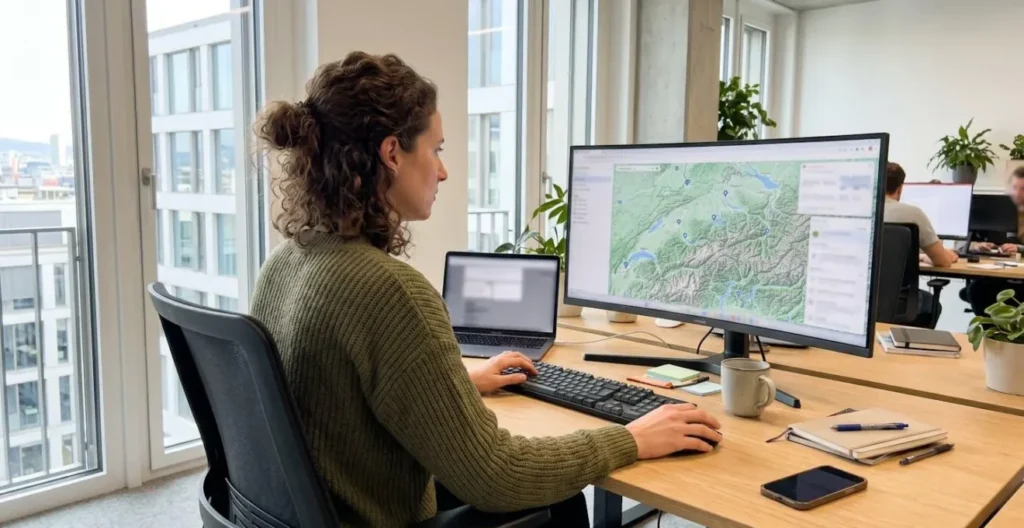Ein moderner Fachmann von hinten oder im Dreiviertelprofil arbeitet an einem grossen Monitor, der eine Schweizer Karte mit Standortmarkierungen zeigt, in einem hellen zeitgenössischen Büro Ein moderner Fachmann von hinten oder im Dreiviertelprofil arbeitet an einem grossen Monitor, der eine Schweizer Karte mit Standortmarkierungen zeigt, in einem hellen zeitgenössischen Büro